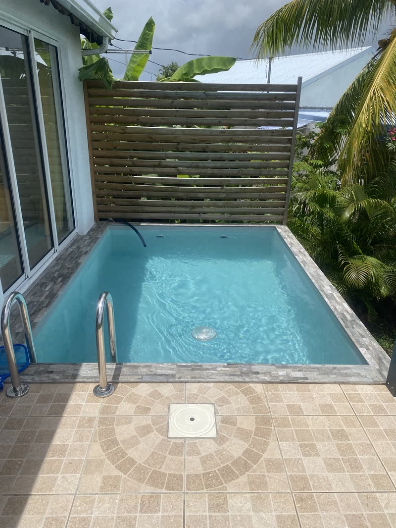 La piscine adossée au brise-vue, vue depuis la terrasse
